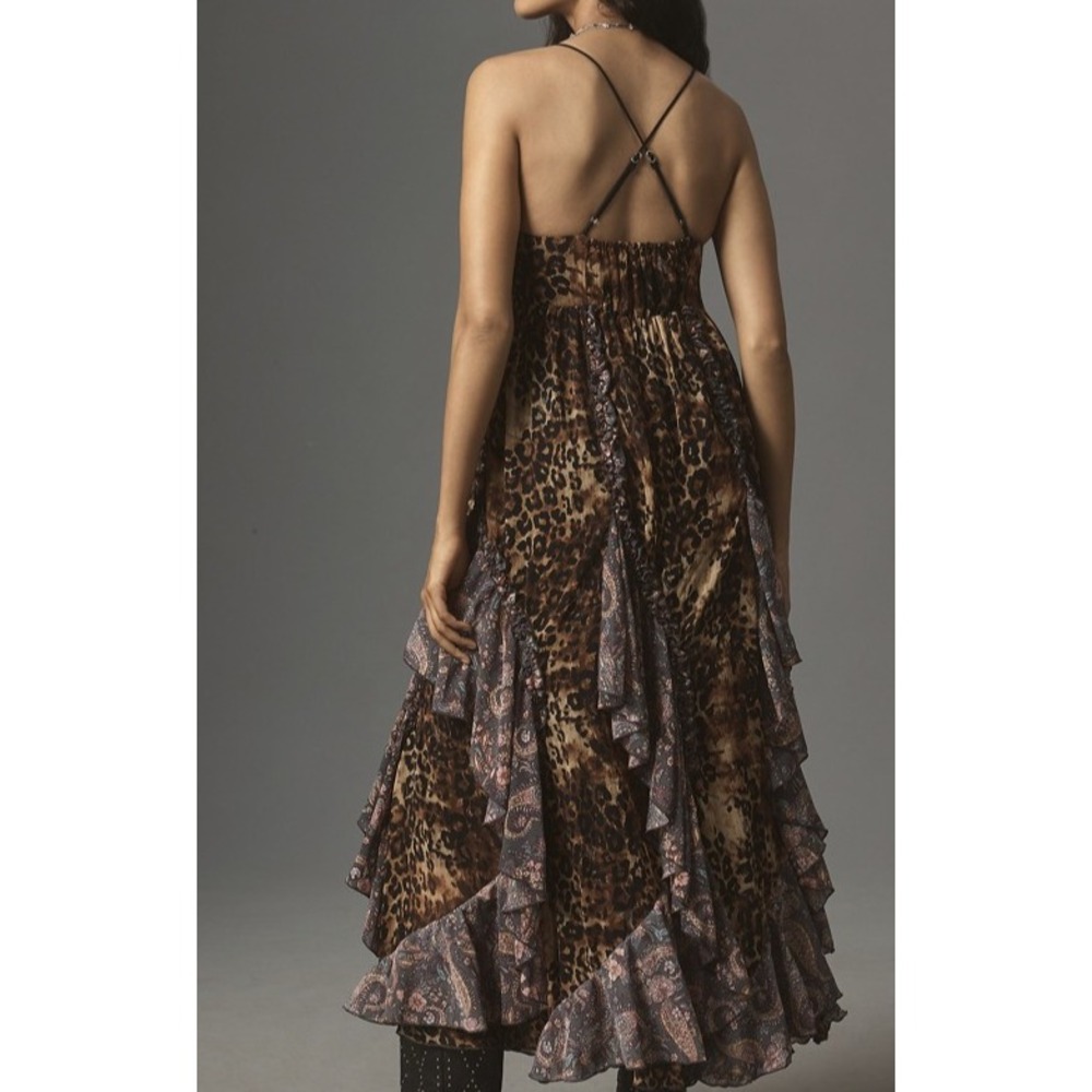 New With Defects Anthropologie Ruffled Chiffon Maxi Dress Leopard Animal Print M - Picture 12 of 16